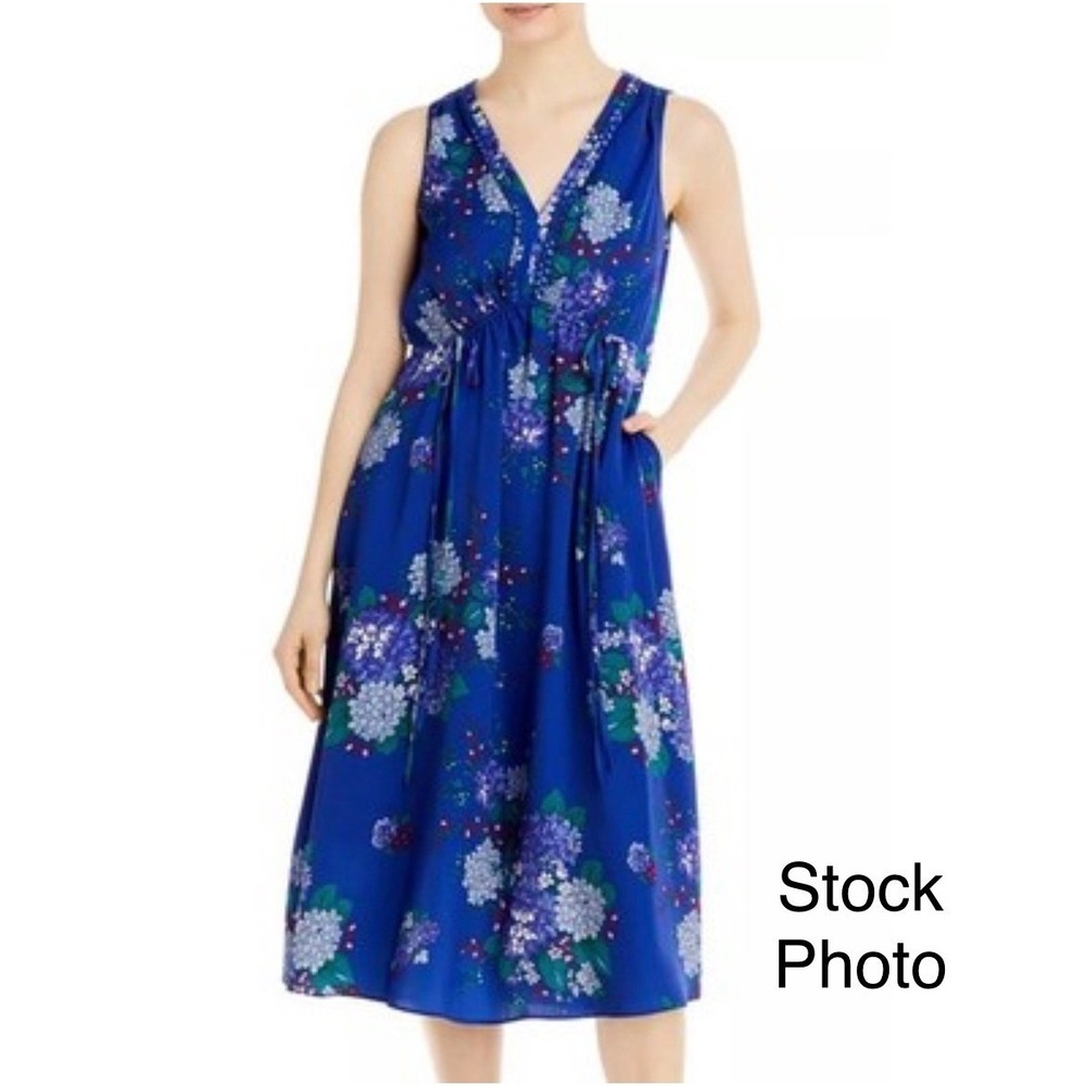 Kobi Halperin Megan Dress Admiral Multi Floral V-Neck Midi Blue KU2D46 Size S